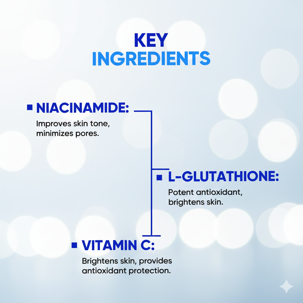Key ingredients of skincare product with Niacinamide, L-Glutathione, and Vitamin C on a light blue background.