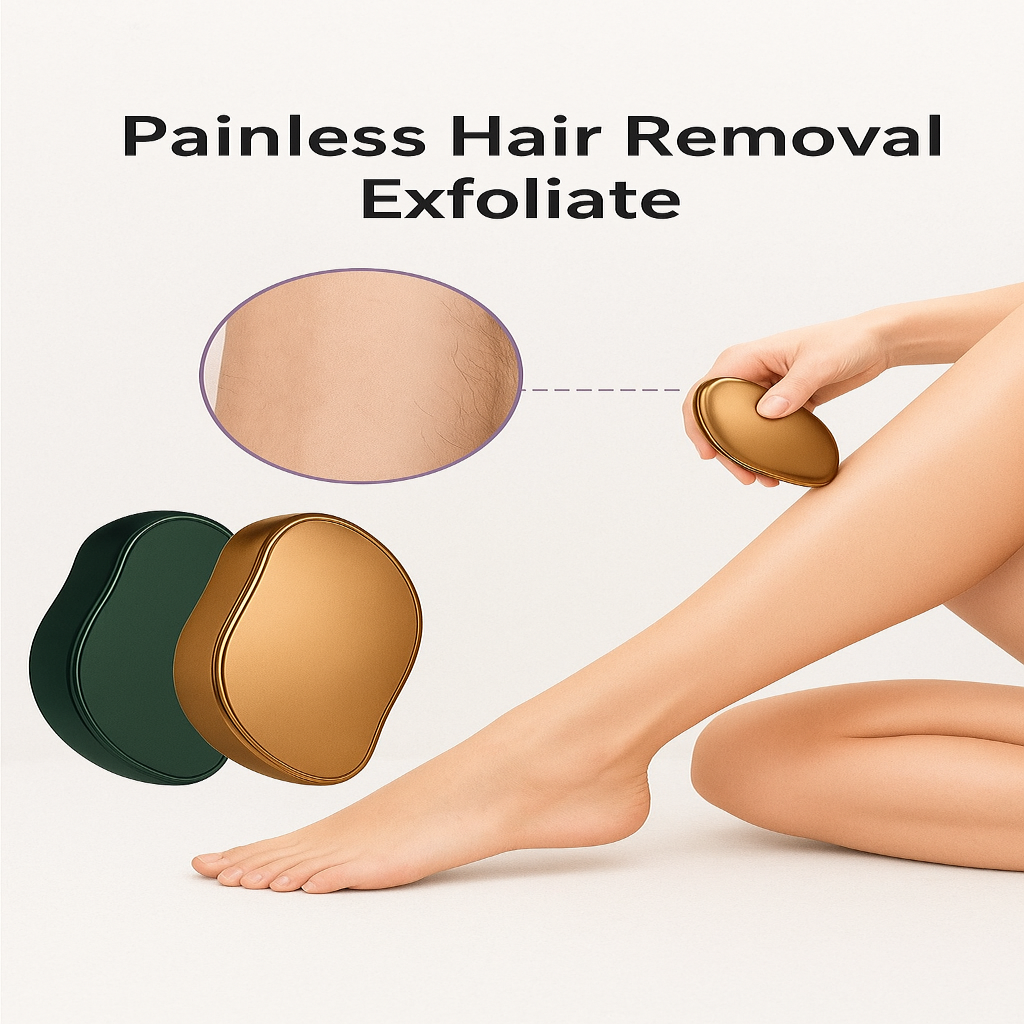 Person using a skin exfoliating device on their leg with text 'Painless Hair Removal Exfoliate' above.