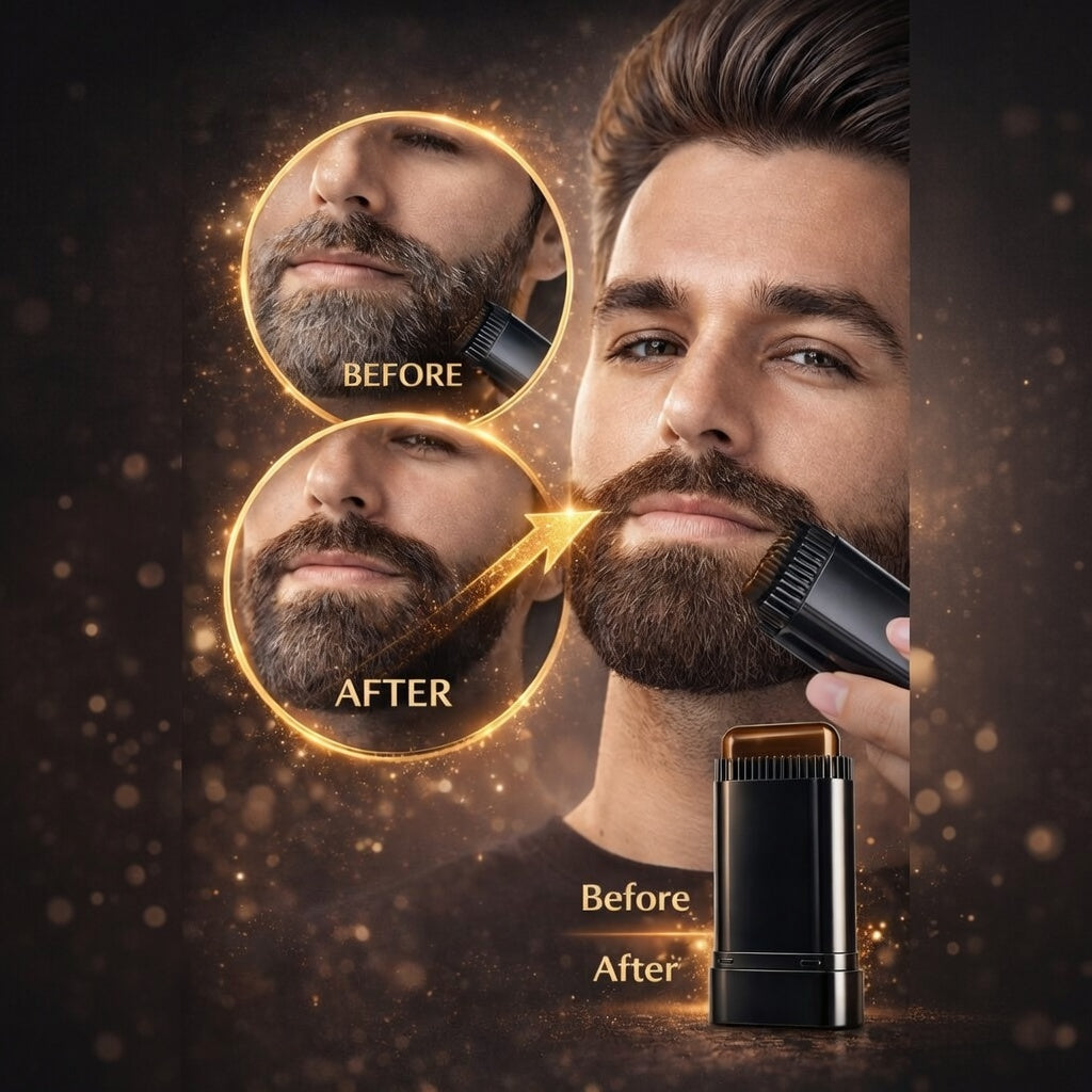 Before and after comparison of a beard with a grooming tool on a dark background