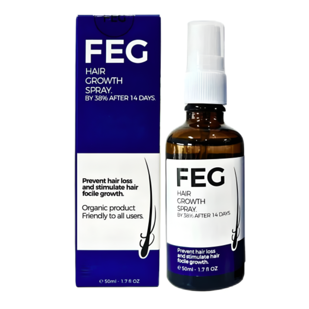 FEG hair growth spray bottle and packaging on a white background
