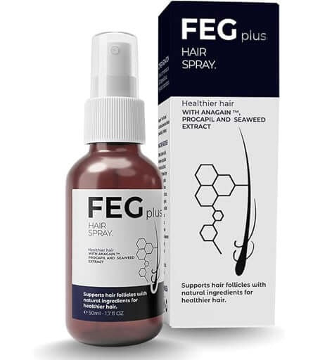 FEG Plus hair spray bottle and packaging on a white background