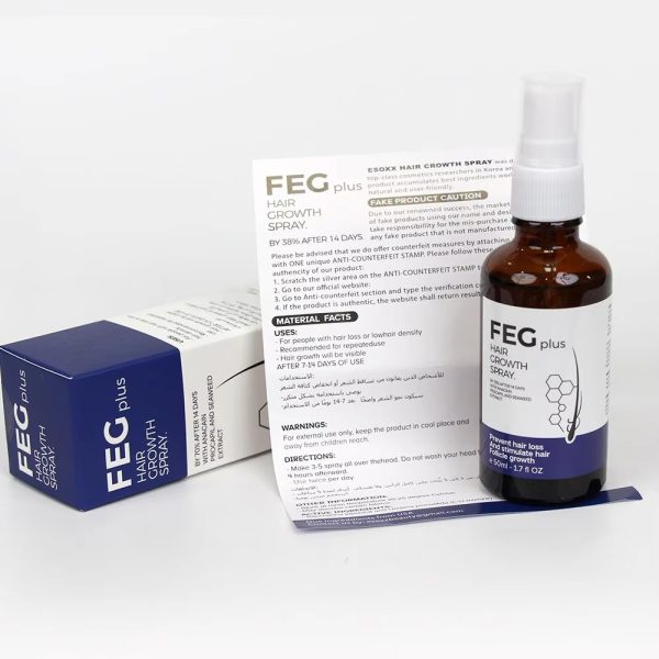 FEG plus hair growth spray bottle with packaging and leaflet on a white background