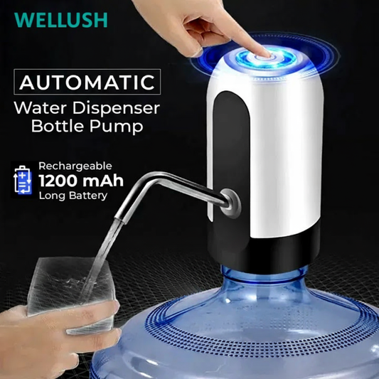 Automatic water dispenser bottle pump with rechargeable battery feature, brand 'WELLUSH'.