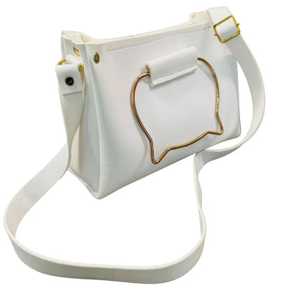 White Elegant Cat Handle Handbag for Girls & Ladies | Stylish Shoulder & Crossbody Bag with Gold Accents | Adjustable Strap