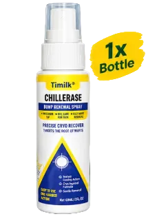 A bottle of Timilk Chillerase bump remover spray with a white spray nozzle and a yellow and blue label, shown against a white background with a yellow '1x Bottle' badge.