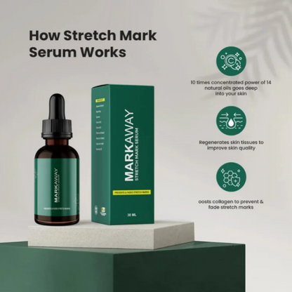 Markaway stretch mark serum bottle and packaging on a green platform with a light gray background