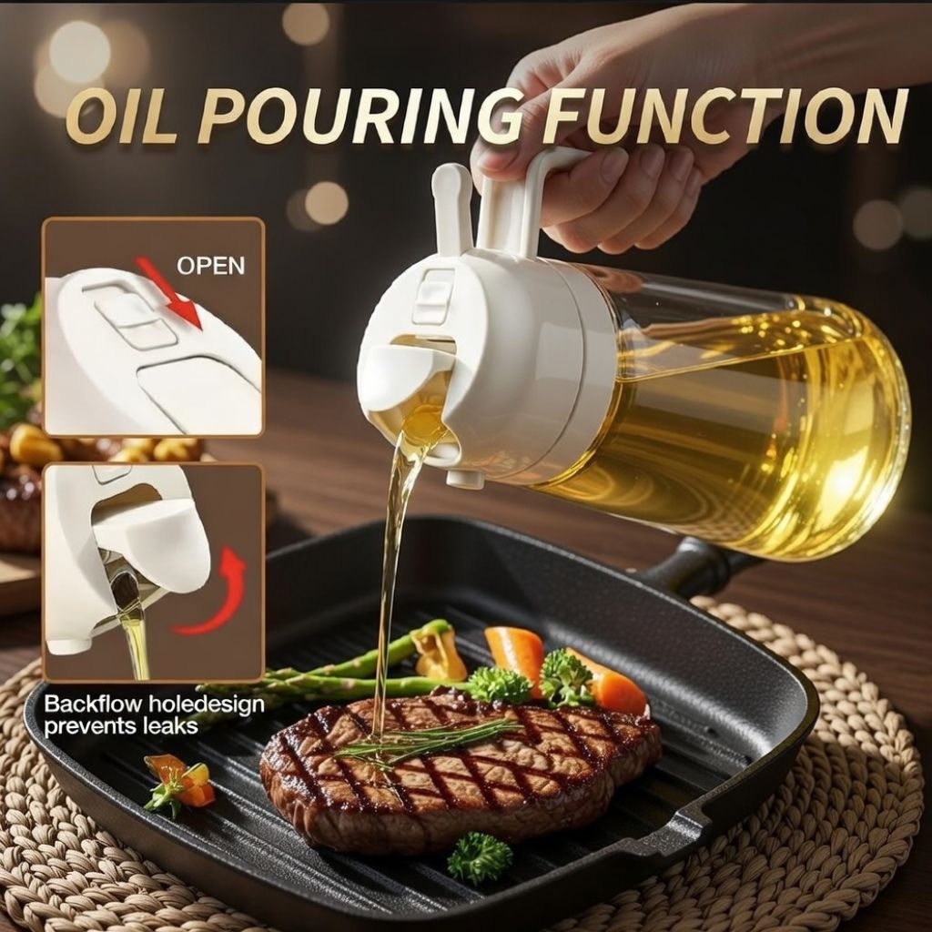 2 in 1 Oil Dispenser 470ml Kitchen Glass Oil Sprayer Bottle |  (Random Colour)