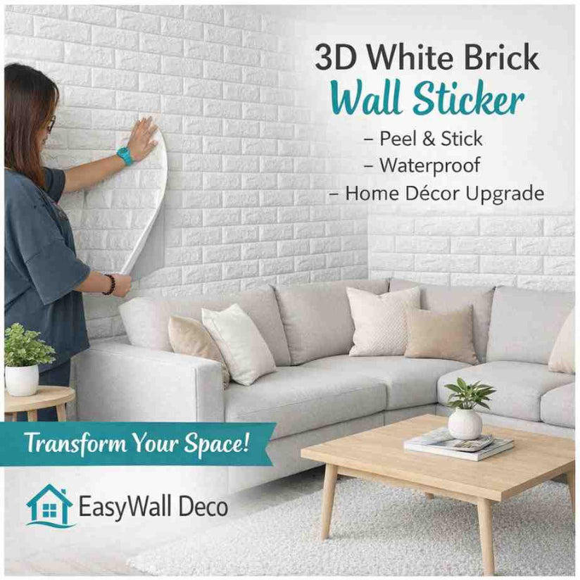Woman applying 3D white brick wall sticker in a living room with EasyWall Deco branding.