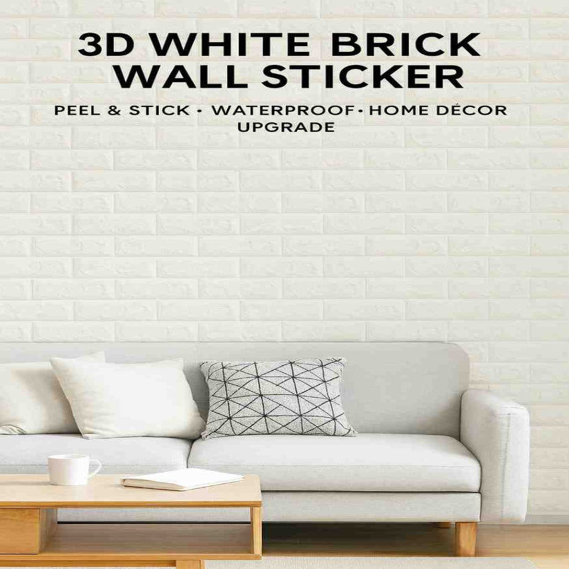 3D white brick wall sticker with a living room setup for home decor.