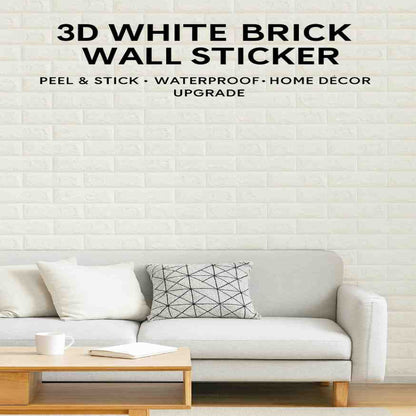 3D white brick wall sticker with a living room setup for home decor.