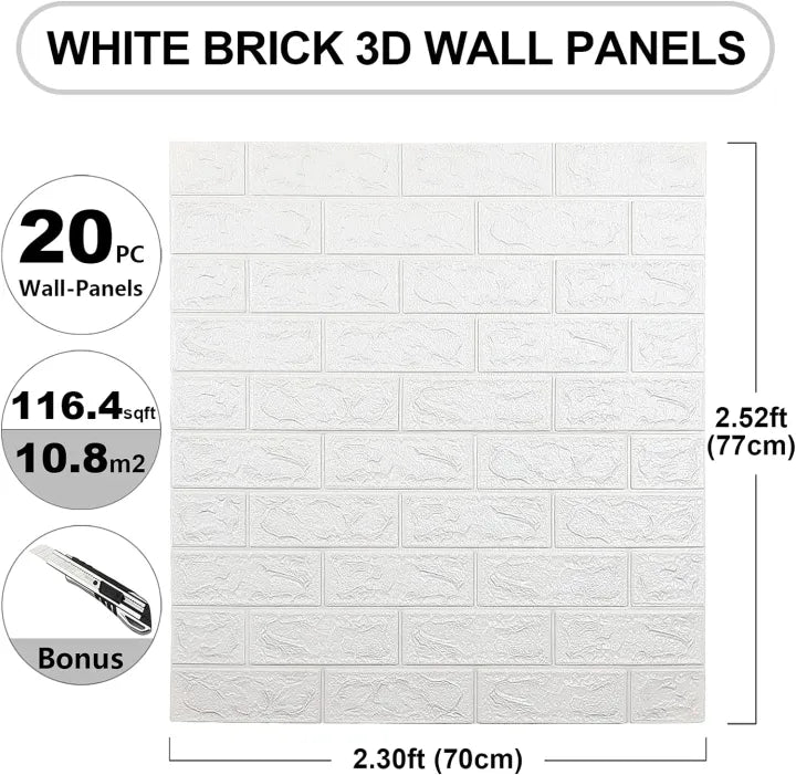 3D Wall Sticker White Brick Sheet (70×77 cm) – Waterproof Self-Adhesive Wallpaper for Bedroom & Living Room