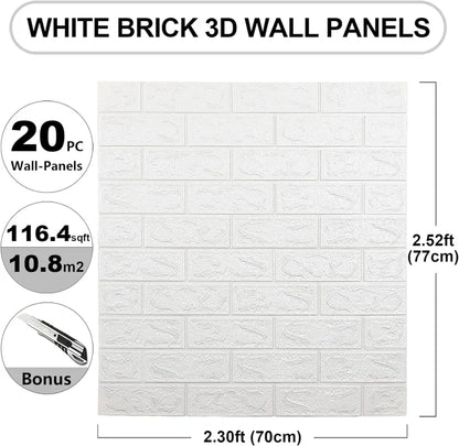 3D Wall Sticker White Brick Sheet (70×77 cm) – Waterproof Self-Adhesive Wallpaper for Bedroom & Living Room