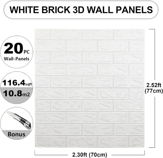 3D Wall Sticker White Brick Sheet (70×77 cm) – Waterproof Self-Adhesive Wallpaper for Bedroom & Living Room