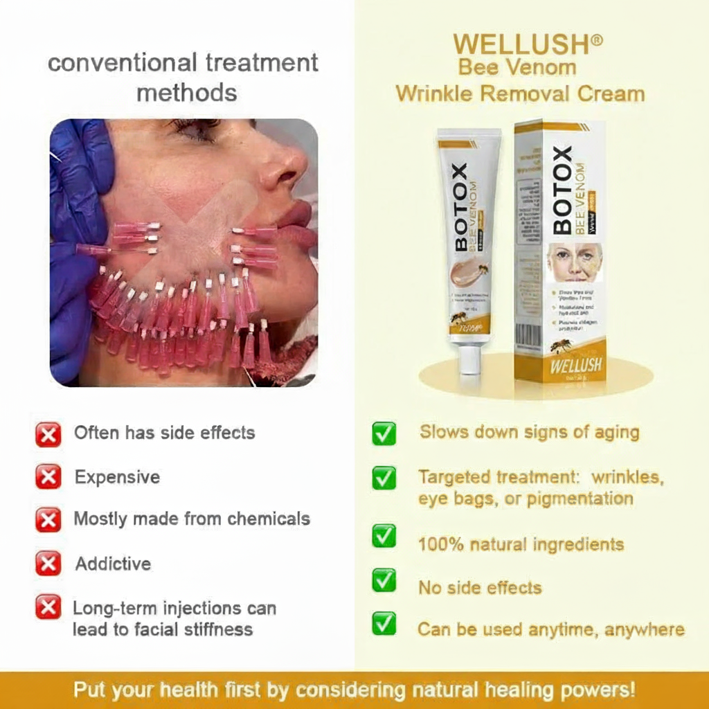 Advertisement for WELLUSH Bee Venom Wrinkle Removal Cream with Botox product and text about treatment methods.
