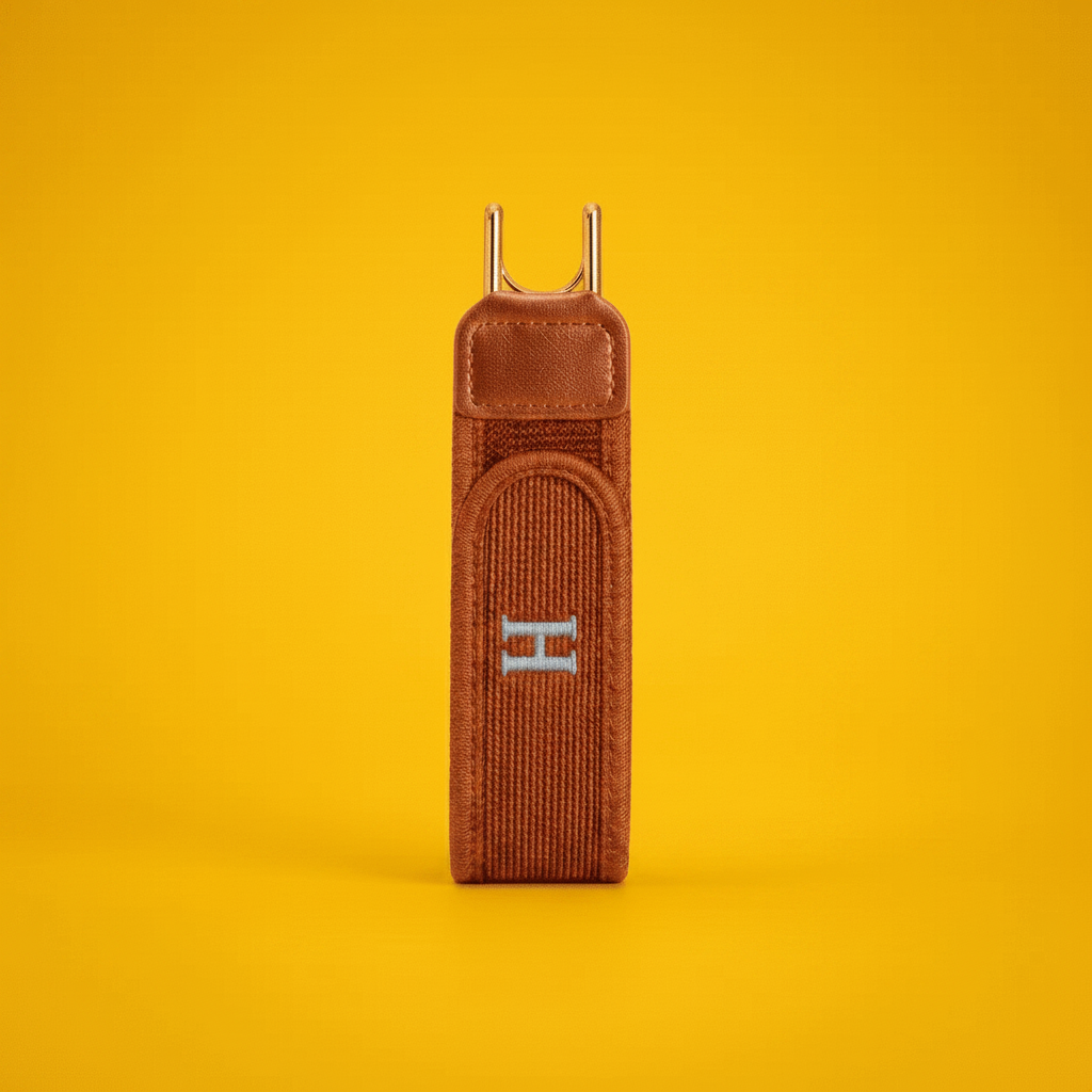 1 brown leather key cases with metal clips on a yellow background