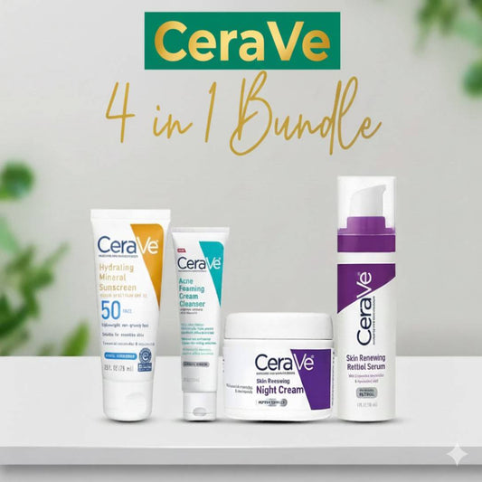 CeraVe skincare products including cream, serum, and cleanser on a white surface with a blurred green plant background.