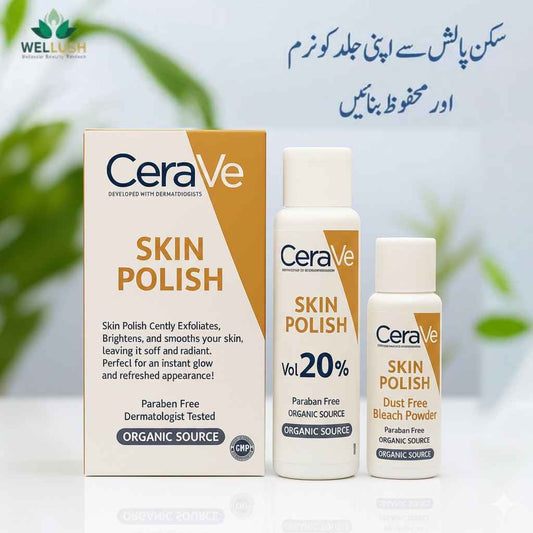 CeraVe Skin Polish products with packaging on a blurred green background