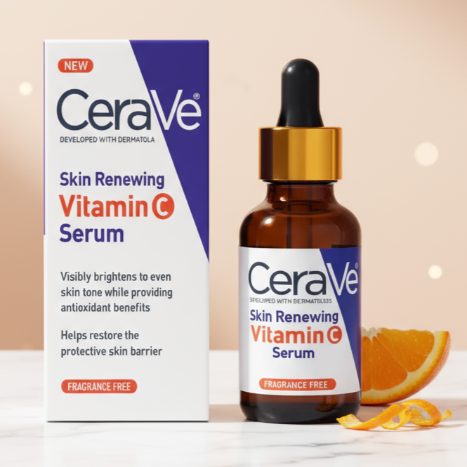 CeraVe Skin Renewing Vitamin C Serum bottle and packaging on a neutral background