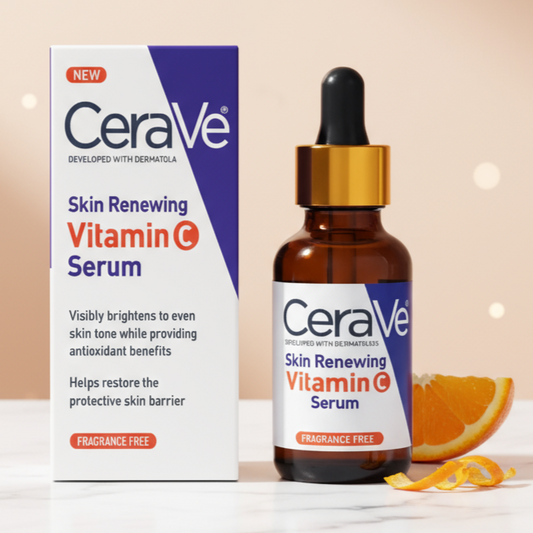 CeraVe Skin Renewing Vitamin C Serum bottle and packaging on a neutral background
