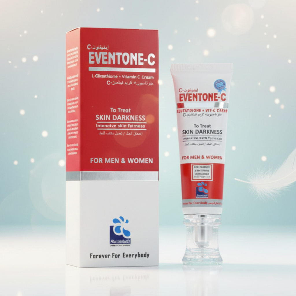 Eventone-C skincare product packaging on a light blue background