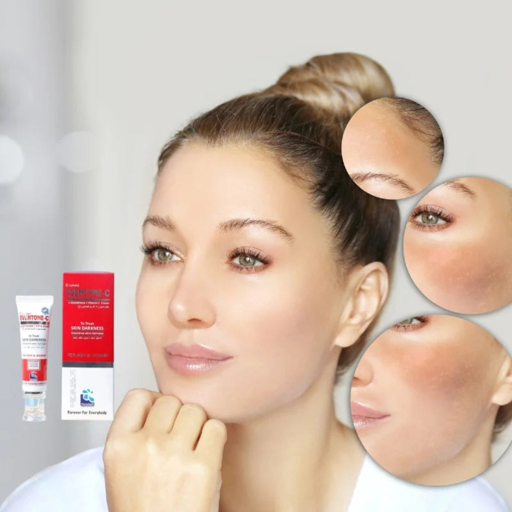 Woman with a product and before-and-after skin changes on a gray background