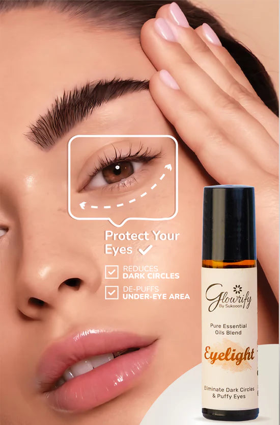 Glowify EyeLight essential oil blend bottle with a close-up of a person's eye and skincare focus.