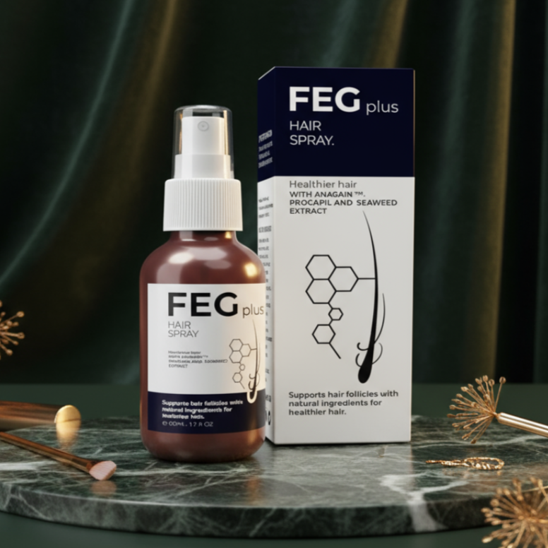 FEG Plus hair spray bottle and packaging on a dark background with decorative elements.