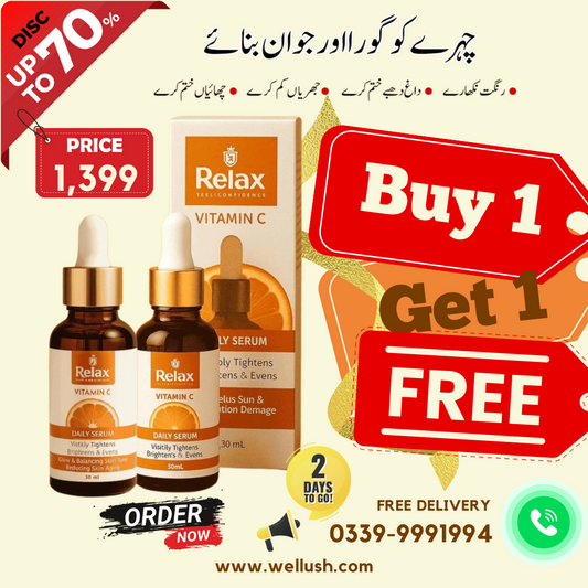 Relax Vitamin C skincare serum with promotional text and contact information on a beige background