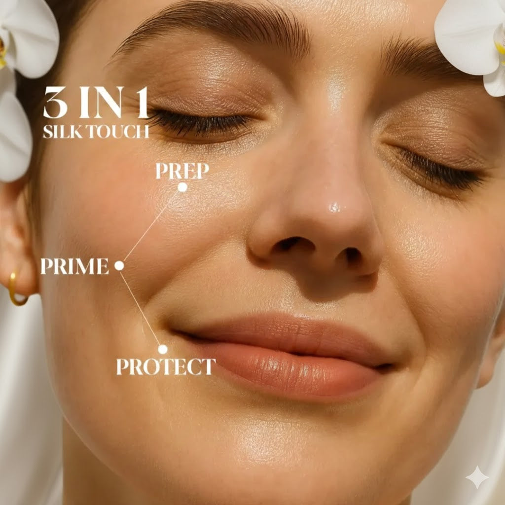 Close-up of a woman's face with skincare product application labeled '3 IN 1 SILK TOUCH' on a neutral background.