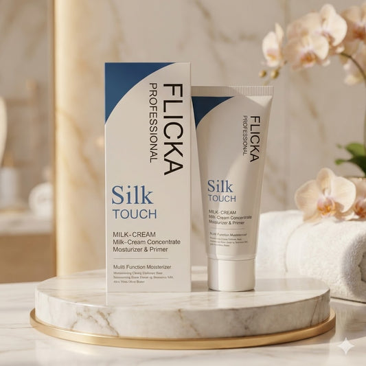 Flicka Silk Touch skincare product on a marble stand with a soft background