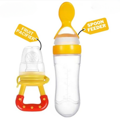 Fruit pacifier and spoon feeder with labels on a white background