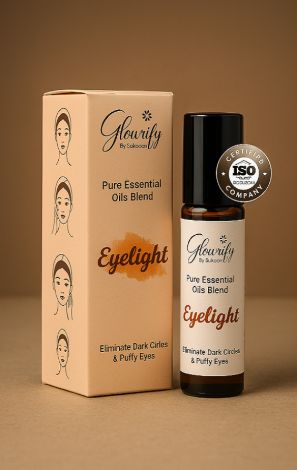 Glowify Eyelight pure essential oils blend packaging on a brown background