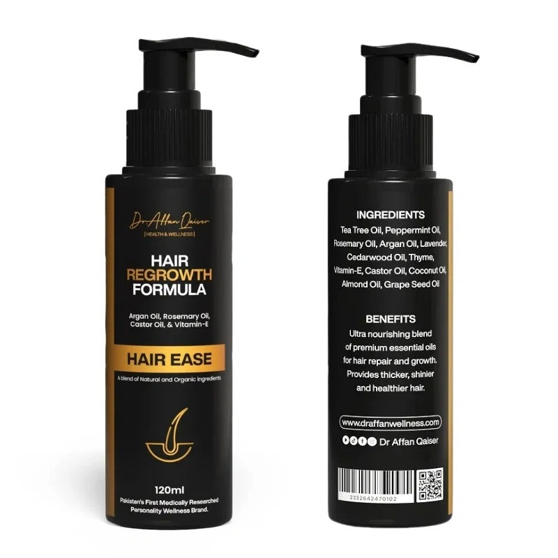 Two black bottles of Hair Ease Regrowth Formula with labels on a white background