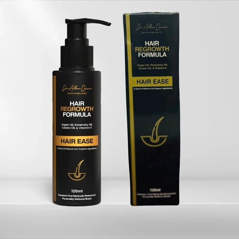 Hair regrowth formula bottle and packaging on a white background