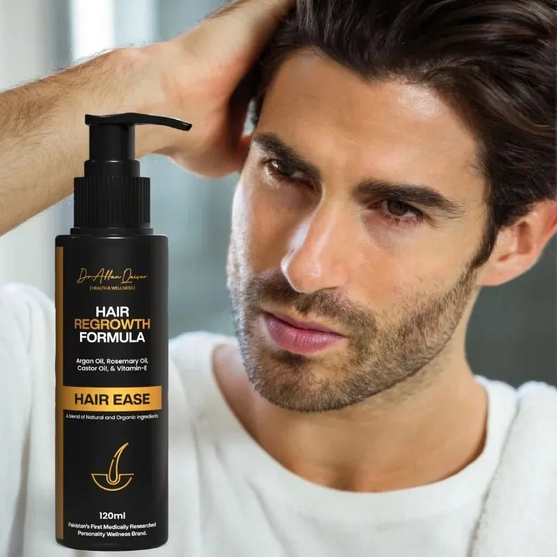 Man with a beard and hair product bottle labeled 'Hair Ease' on a neutral background