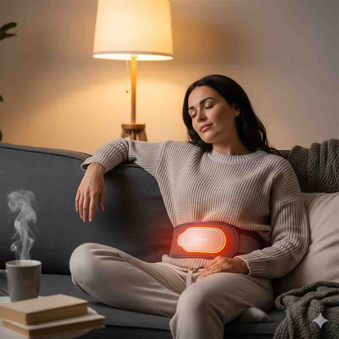 Woman sitting on a couch with a glowing belt, surrounded by a cozy living room setting.