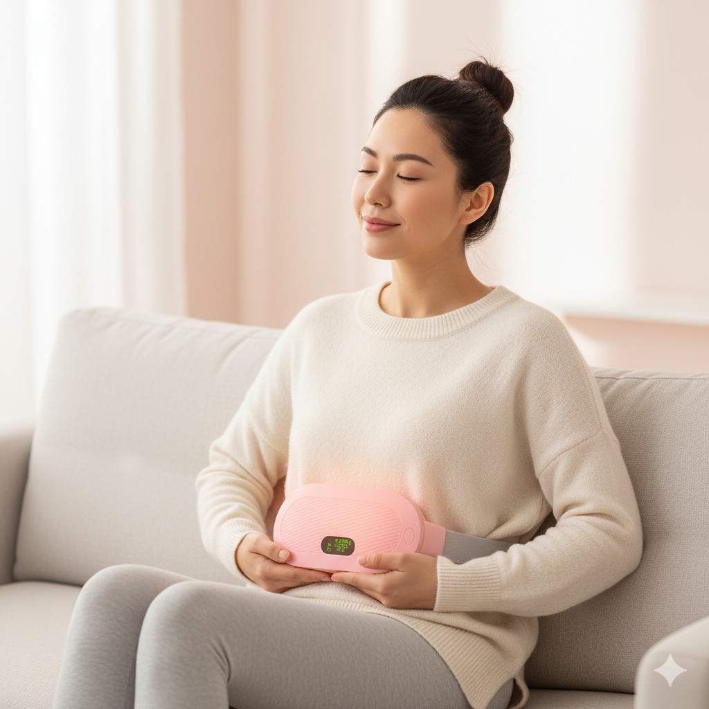 Woman sitting on a couch holding a pink heating pad with a blurred background