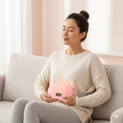 Woman sitting on a couch holding a pink heating pad with a blurred background