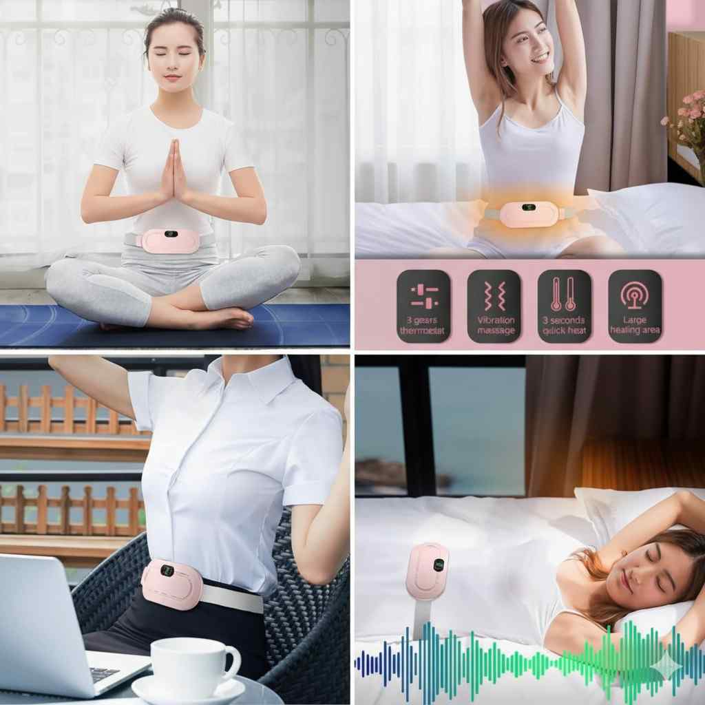 Collage of a woman using a pink Menstrual Cramp Relieve Therapy