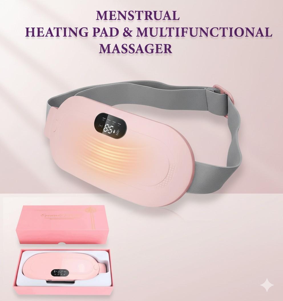 Menstrual heating pad and multifunctional massager with pink packaging on a light pink background