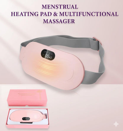 Menstrual heating pad and multifunctional massager with pink packaging on a light pink background