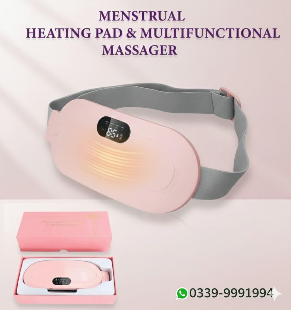 Menstrual heating pad and multifunctional massager with digital display on a pink background