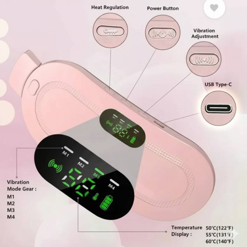 Pink electronic device with control panel and labeled features on a light pink background