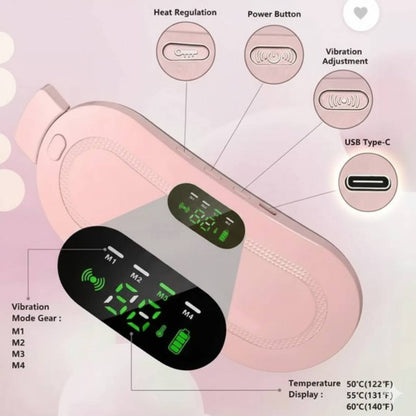 Pink electronic device with control panel and labeled features on a light pink background