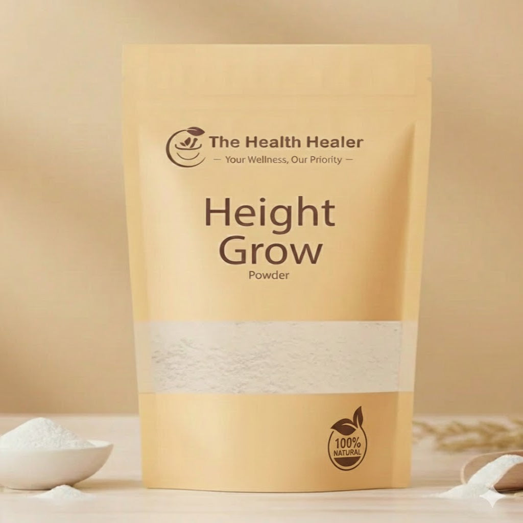 Package of 'Height Grow' powder by 'The Health Healer' on a beige background