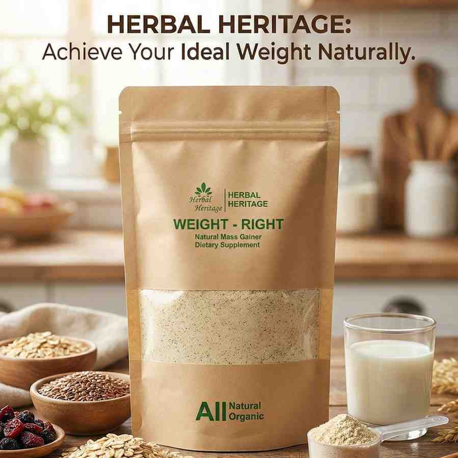 Herbal Heritage weight-gain supplement package on a kitchen counter with ingredients and a glass of milk.