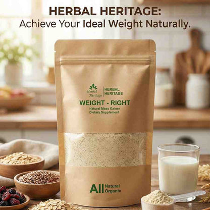 Herbal Heritage weight-gain supplement package on a kitchen counter with ingredients and a glass of milk.