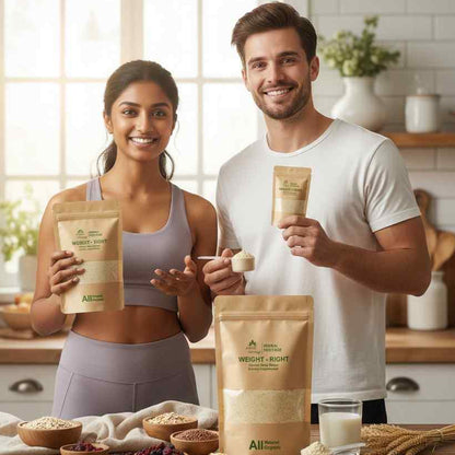 Man and woman holding Herbal Heritage products in a kitchen setting.