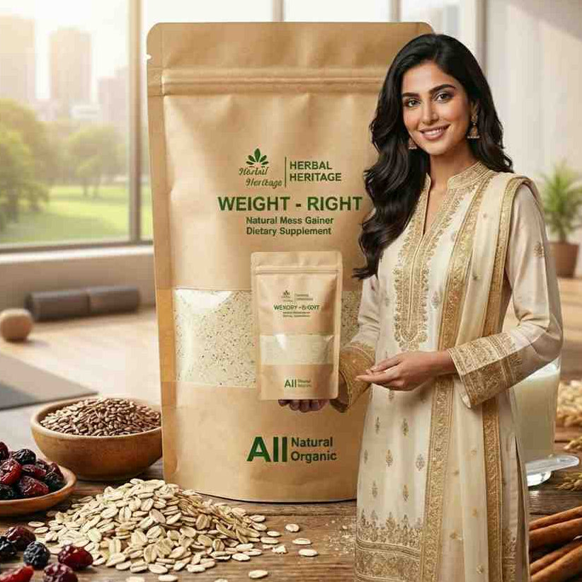 Woman holding a package of Herbal Heritage Weight-Right supplement in a bright room with natural light.