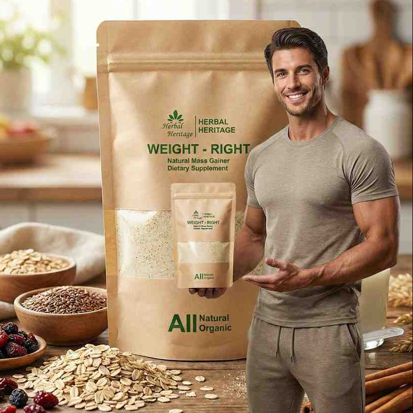Man standing next to a bag of Herbal Heritage weight loss product in a kitchen setting.